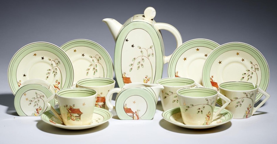 CLARICE CLIFF. A BONJOUR WISHING WELL PATTERN COFFEE SET, 19...