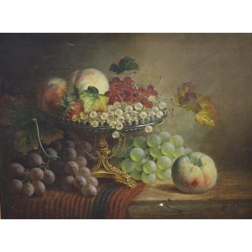 CS (19th century), oil on canvas, Still life of fruit in a t...