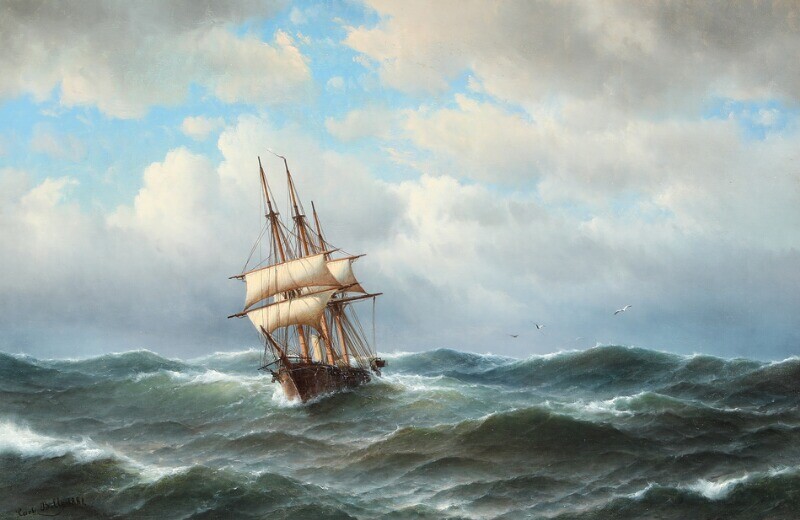 NOT SOLD. Carl Bille: Seascape with sailing ship in stormy weather. Signed and dated Carl...