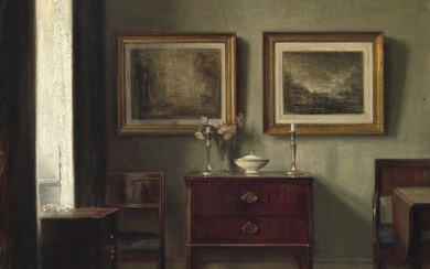 Carl Holsøe: An interior from the artist's home with two etchings on the wall. Signed C. Holsøe. Oil on canvas. 45×47 cm.