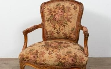 Carved Walnut Upholstered Open Arm Chair