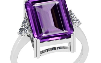 Certified 6.88 Ctw Amethyst And Diamond I1/I2 14K White Gold Vintage Wedding Ring
