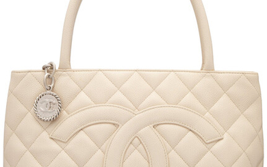 Chanel Ivory Quilted Caviar Leather Medallion Tote Bag with...