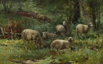 SOLD. Charles Ferdinand Ceramano: Grazing sheep in a forest clearing. Signed Ceramano. Oil on panel. 19 x 25 cm. – Bruun Rasmussen Auctioneers of Fine Art