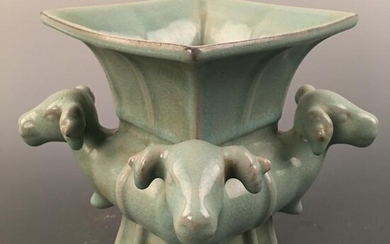 Chinese Celadon Glazed Square Four Sheep Statue