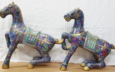 Chinese Cloisonne Enamel Horse Tang Form Statue Pair