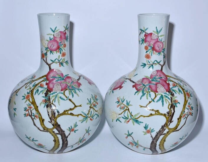 Chinese Famille Rose Porcelain Tianqiu Vases,Pair