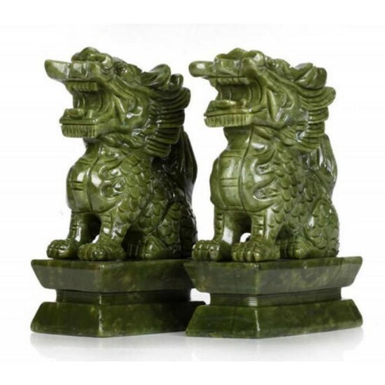 Chinese Green Jade Carved Fengshui Dragon Foo dog