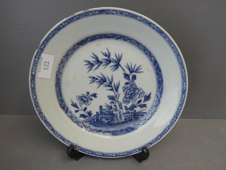 Blue & white plate decorated with bamboo and carnations with...