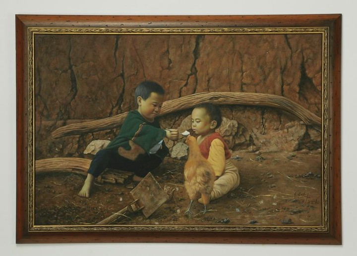 Chinese O/c of two boys in a farmyard, signed, 42"w