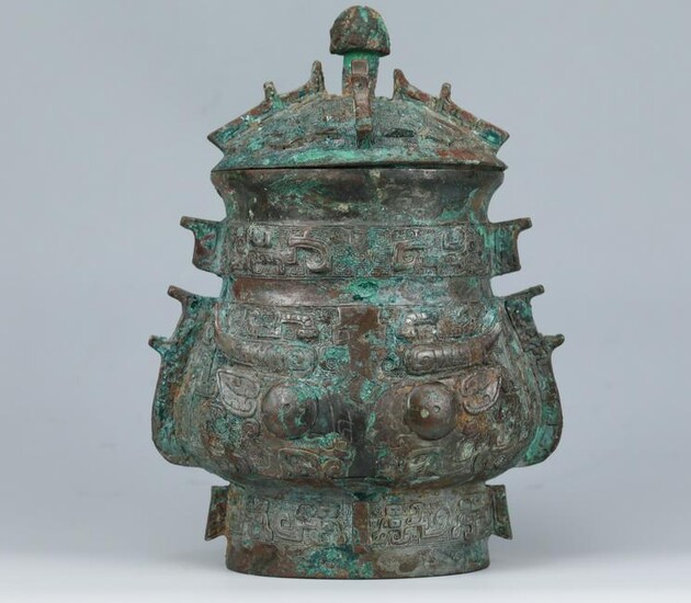 Chinese Ritual Bronze Covered Wine Vessel