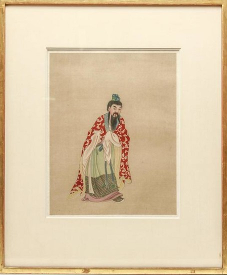 Chinese Standing Bearded Man Gouache on Silk
