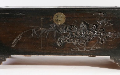 Chinese camphorwood chest, 20th century, carved with figures, pagoda's and flowers, 119cm long, 52cm high, 50cm deep