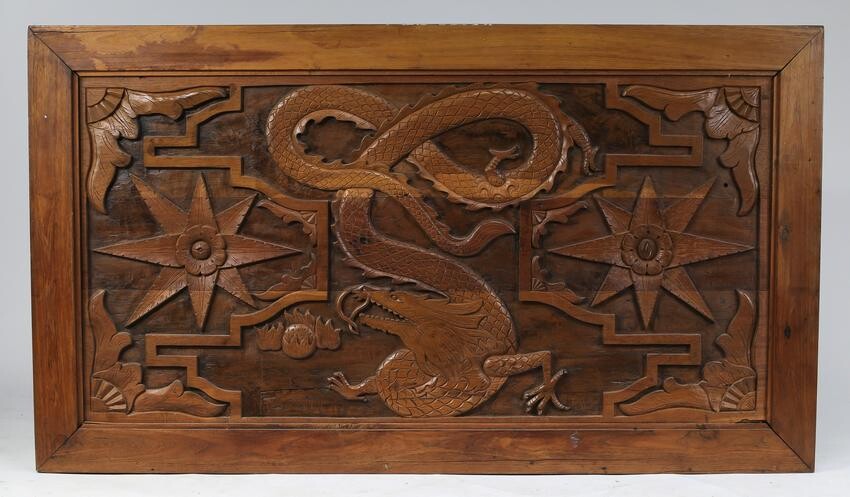 Chinese carved wood dragon panel, 42"l