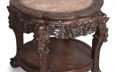 Chinese circular carved hardwood 2-tier table, with inset ma...