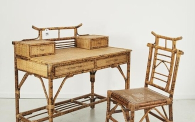 Chinoiserie burnt bamboo desk and chair set