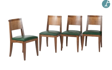 Christian LIAIGRE (1943- 2020) Lot de quatre chaises En bois teinté, tapissées de cuir vert...