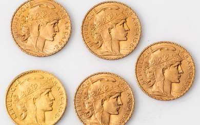 Cinq pièces en or de 20 Francs Coq (5 x 1909).... - Lot 22 - Rossini