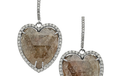 Colored Diamond, Diamond, White Gold Earrings Stones: Rose-cut brown...