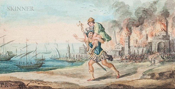 Continental School, 18th/19th Century Aeneas Carrying His Father from Troy. Inscribed "IPR ivent" l.l. Watercolor on la...