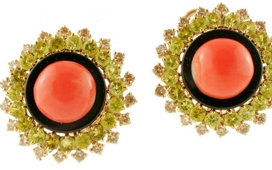 Coral, Diamonds, Onyx, Peritods, Yellow Gold Earrings