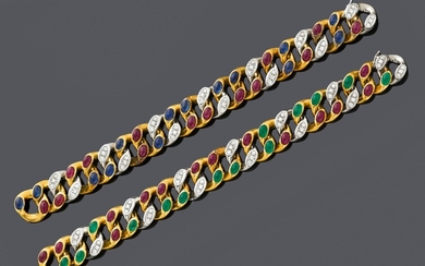 DEUX BRACELETS EN DIAMANT ET PIERRES PRÉCIEUSES.Or jaune et blanc 750, 140g.Deux bracelets bicolores bicolores...
