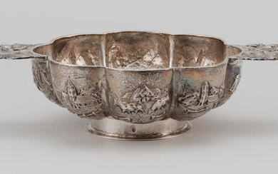 DUTCH .833 SILVER CUP Lobed bowl with two floriform handles and repoussé decoration of farm scenes. Length handle-over-handle 8". Ap...