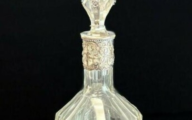 Danish Silver Overlay and Cut Glass Decanter