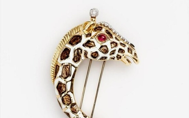 David Webb Giraffe Diamond Brooch Ruby Enamel 18k Plat
