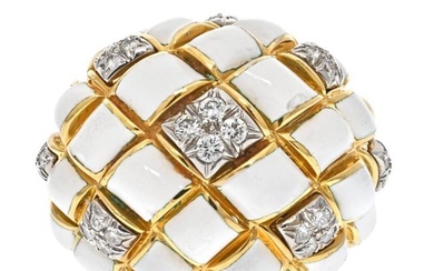 David Webb Platinum & 18K Yellow Gold White Enamel Dome Ring