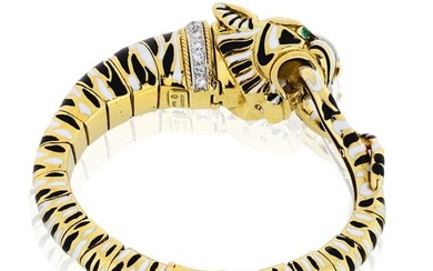 David Webb Tiger Platinum & 18K Yellow Gold Enamel Stripped Bracelet