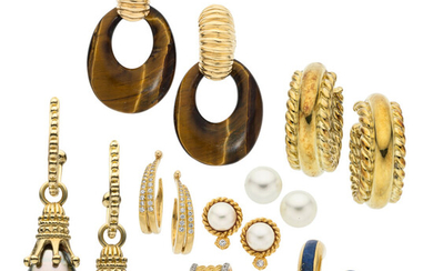 Diamond, Multi-Stone, Cultured Pearl, Gold Earrings Stones: Full-cut diamonds...