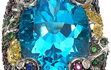 Diamond, Multi-Stone, White Gold Ring Stones: Oval-shaped blue topaz;...