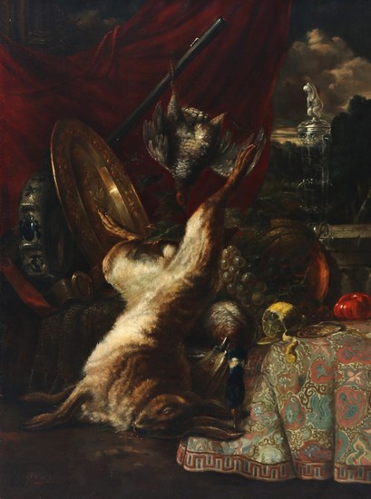 Dutch painter, 18th century: Still life with hunting prey, glass goblet, lemon a.o. on a brocade table cloth. Signed E. Bckens...? Oil on canvas. 100×75 cm.
