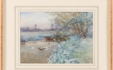 EDITH FISHER, United Kingdom, Late 19th/Early 20th Century, Ducks in a pond., Watercolor, 10.5" x 15". Framed 19" x 23.5".