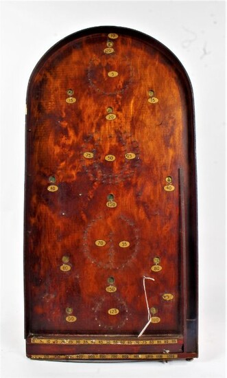 Early to mid 20th century wooden bagatelle board, with metal balls, 77cm long