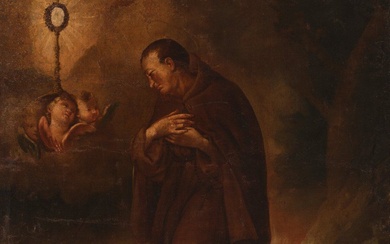 École espagnole de la fin du XVIIIe siècle. "Adoration eucharistique Huile sur toile. Relié. Repeints...