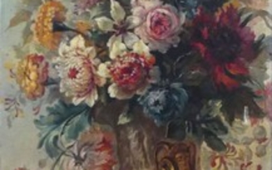 Ecole française du XIXe Bouquets de fleurs dans des vases Médicis. Huiles sur toile 123...
