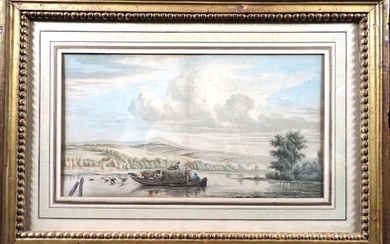 Ecole hollandaise du XVIII's : La traversée d'une rivière. Aquarelle, 17 x 30