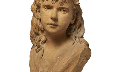 Edward Onslow Ford (1852-1901), Terracotta bust of a girl, mounted on wooden base, 1877, Earthenware, Incised signature and date 'E. Onslow Ford 1877', 38cm high (excluding stand).