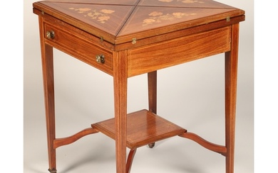 Edwardian inlaid mahogany envelope games table with fitted d...