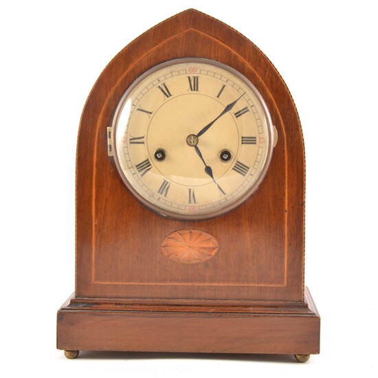 Edwardian inlaid mahogany lancet-shape mantel clock