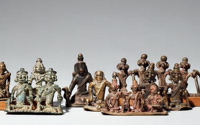 Eight small Central Indian copper alloy figures of deities, ancestors or munja. Maharashtra, Nasik, or Madhya Pradesh, Khandesh. 19th/20th century