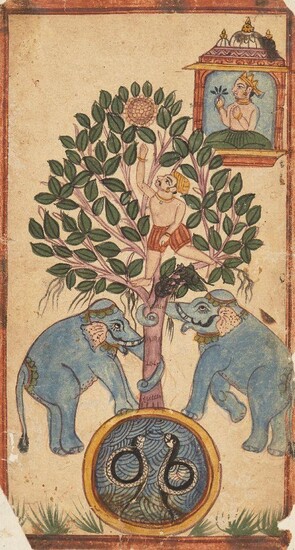 Elephants shaking a man from a tree, India, 19th century, opaque pigments on paper, the man reaching up to grasp a large flower, below him at the foot of the tree a pool of water with snakes, to reverse the stamp of Kumar Sangram Nawalgargh...