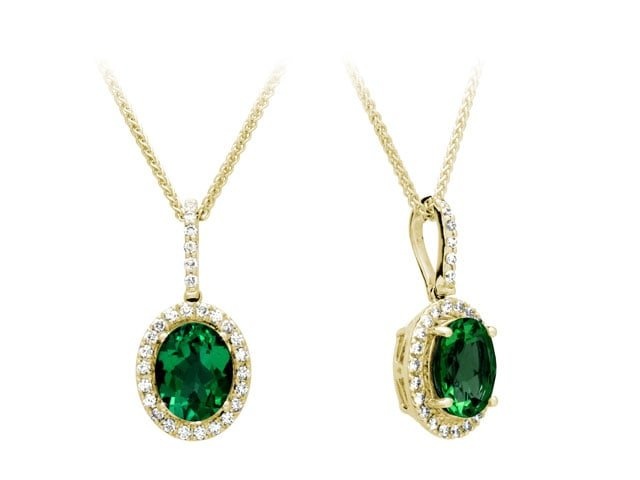 Emerald And Diamond Oval Halo Pendant With Pave Bail In 14k Yellow Gold (9x7mm)