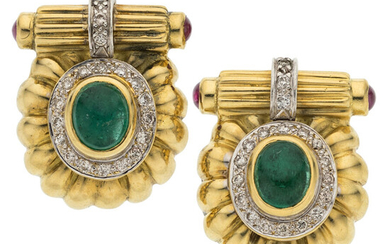 Emerald, Ruby, Diamond, Gold Earrings Stones: Full-cut diamonds weighing...