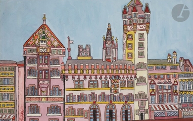Emerik FEJES [Serbian] (1904-1969)The City Hall of BaselTempera.Signed lower left.Situated top left.(Small folds).29,5 x 41,5 cm