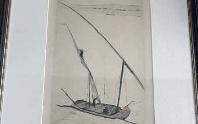 Emil ORLIK (1870-1932) "Bateau de pêche sur la plage" gravure originale, ger/verre