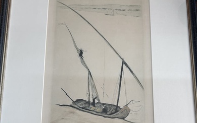 Emil ORLIK (1870-1932) "Fischerboot am Strand" orig. Radierung, ger/Glas