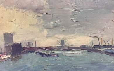 English School 20th century, oil on canvas - London Dockland scene, signed JB, framed